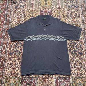 VTG 90s Cambridge Classic Knit Polo Shirt Gray Zigzag Stripe Short Sleeve Size L